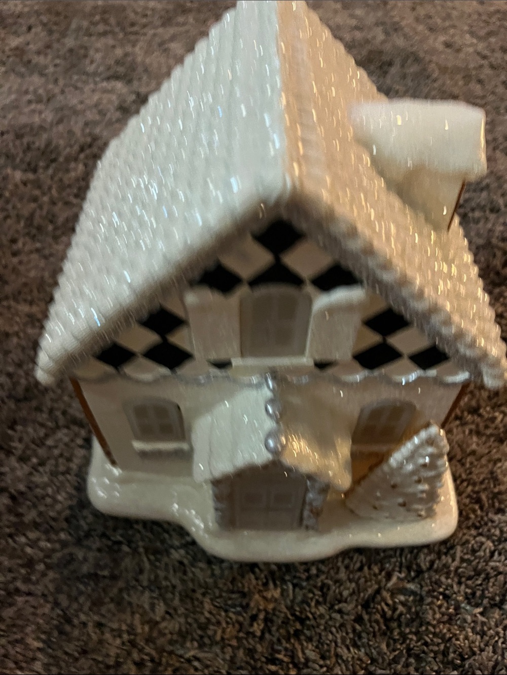 Mackenzie Childs - Illuminated Gingerbread house!  Beautiful decor table/mantle!